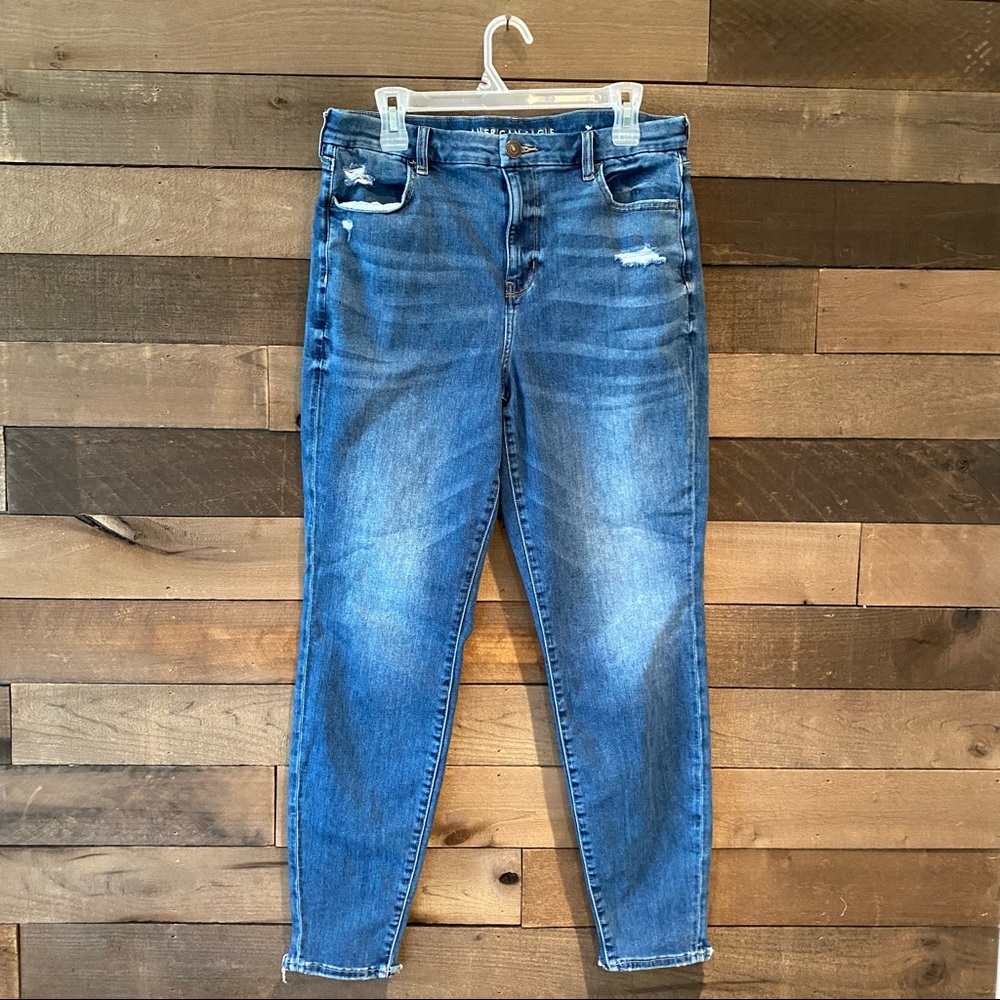 American Eagle Women's Curvy High Rise Jeggings Blue Jean Denim Distressed